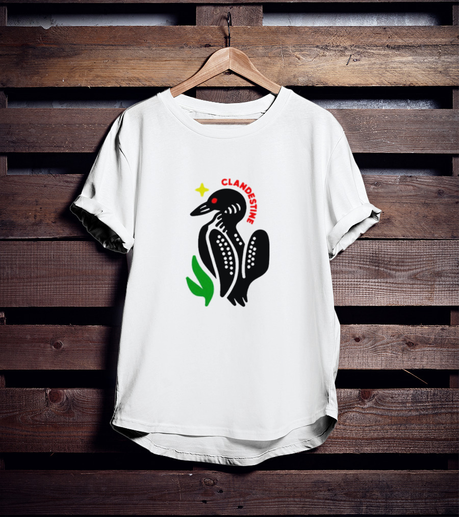 Clandestine Loon Bird With Star And Green Leaf Elements T-Shirt