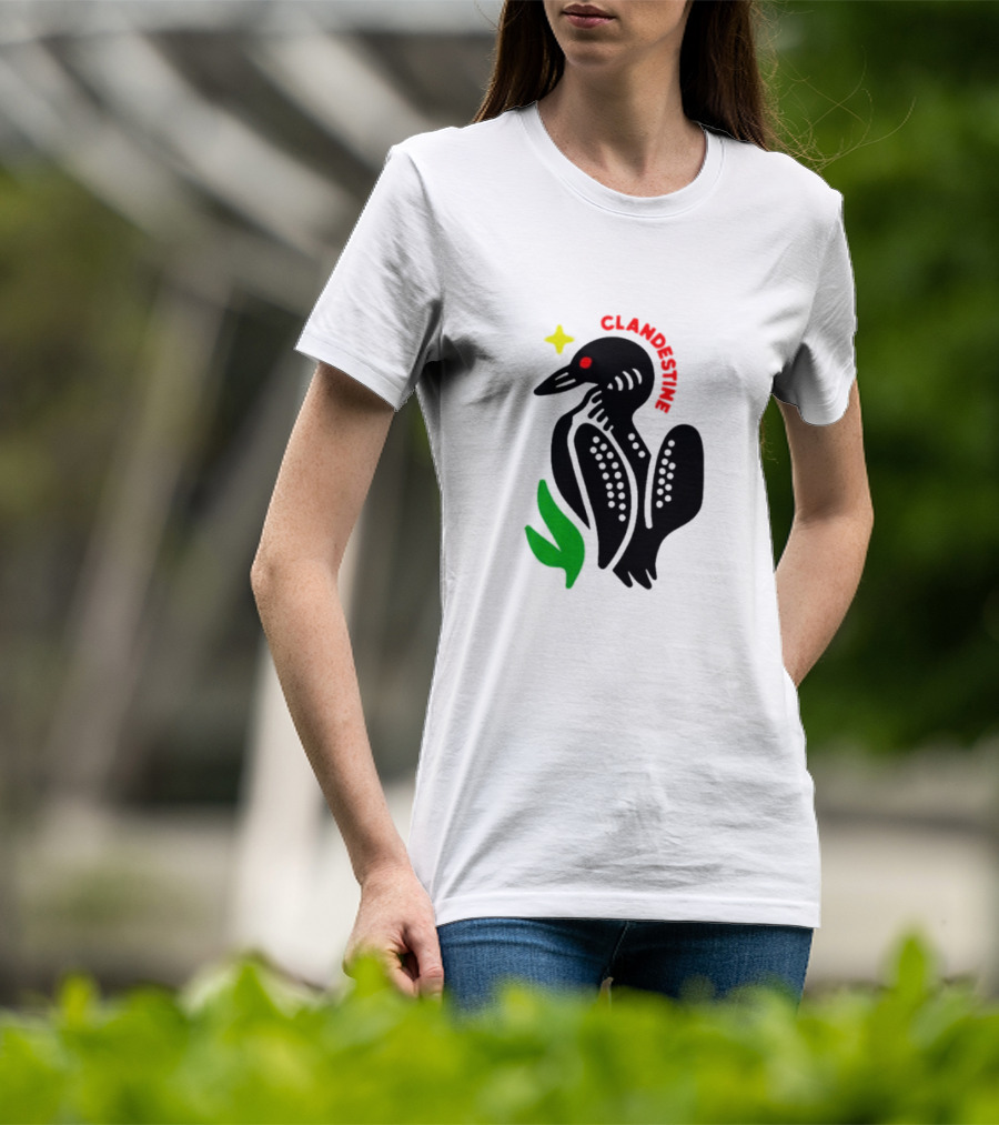 Clandestine Loon Bird With Star And Green Leaf Elements T-Shirt
