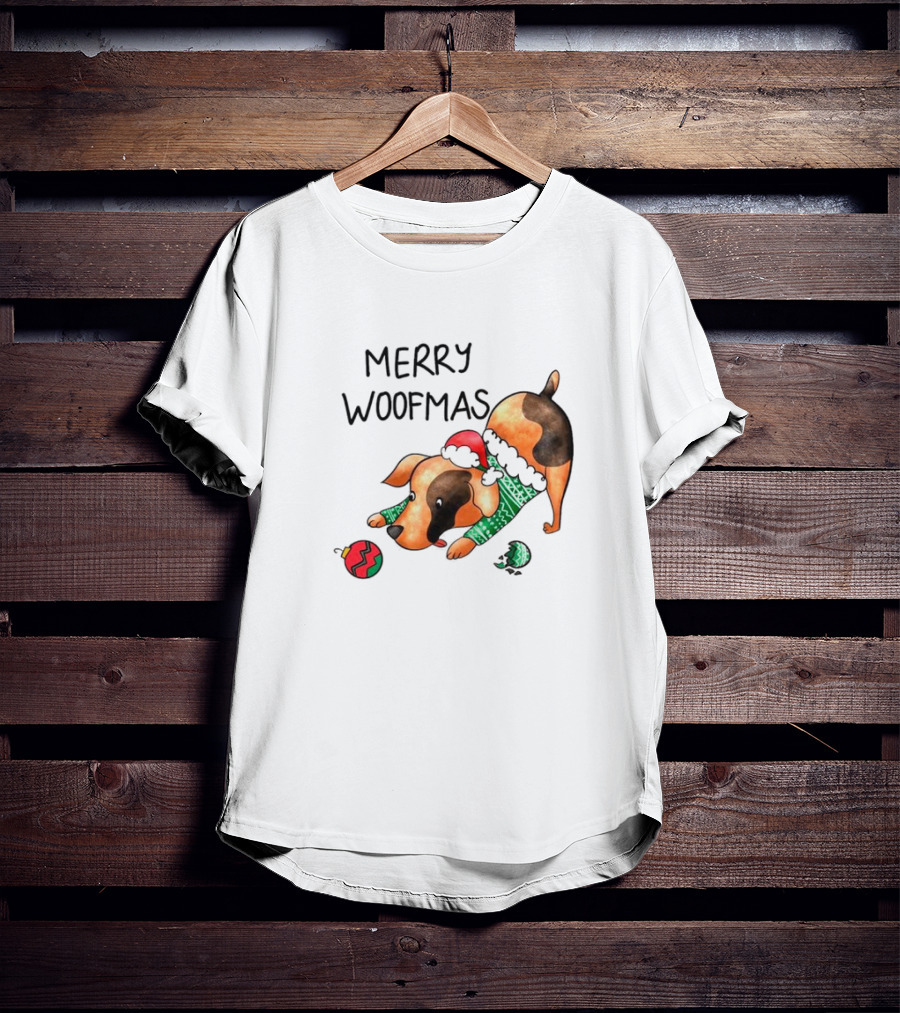 Merry Woofmas Dog In Santa Hat And Sweater With Christmas T-Shirt