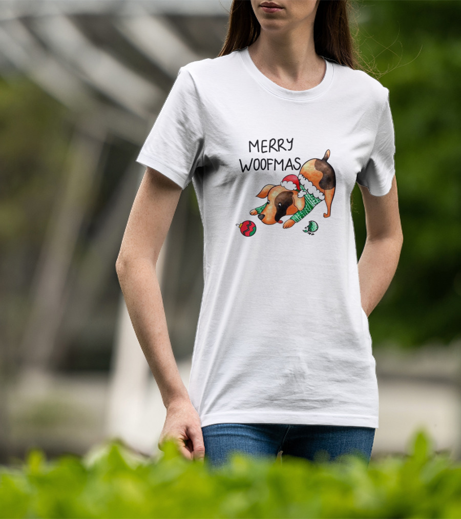 Merry Woofmas Dog In Santa Hat And Sweater With Christmas T-Shirt