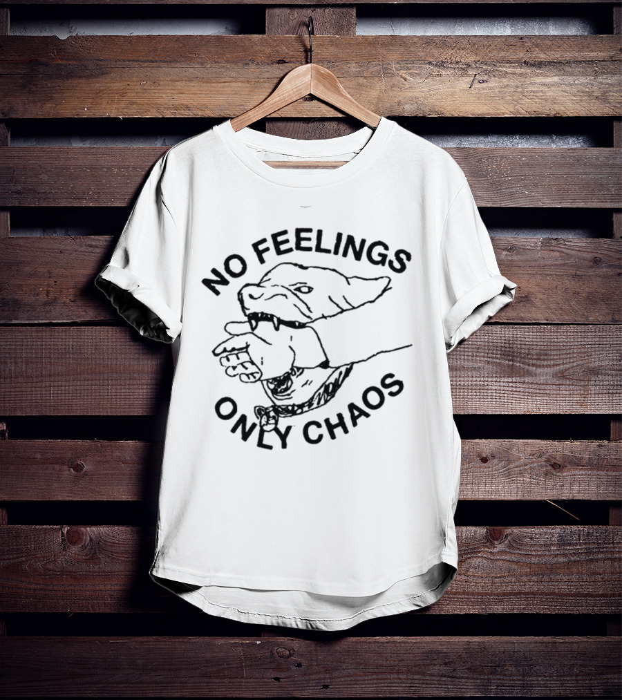 No Feelings Only Chaos Hand-Biting Shark Drawing T-Shirt