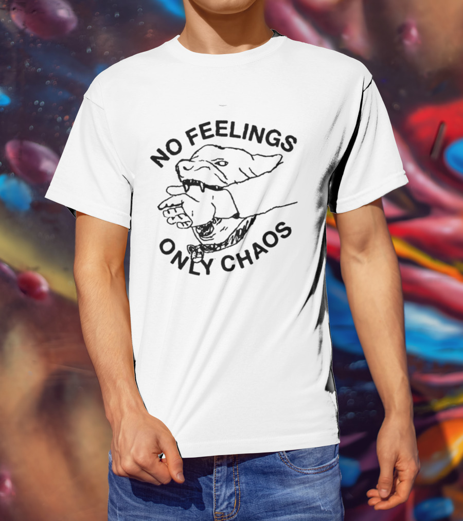 No Feelings Only Chaos Hand-Biting Shark Drawing T-Shirt