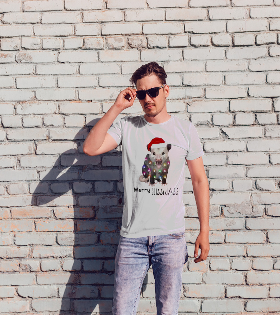 Merry Hissmas Opossum Santa Hat Christmas Lights T-Shirt