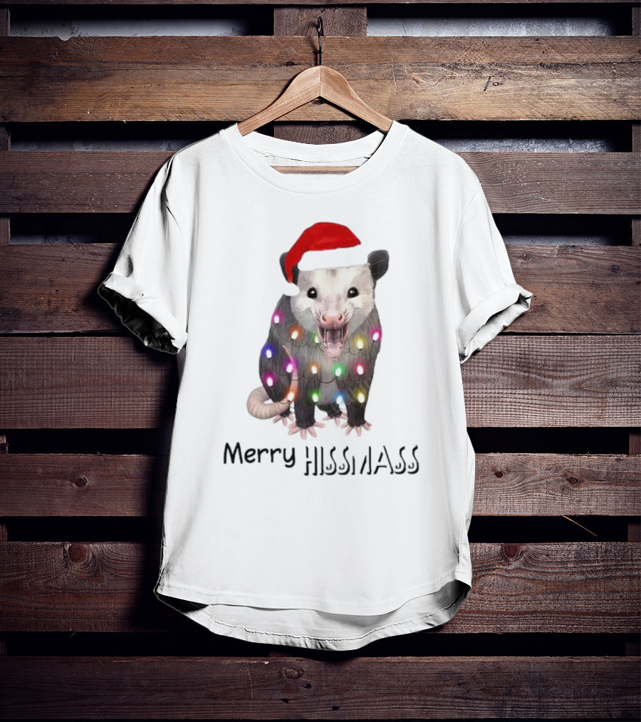 Merry Hissmas Opossum Santa Hat Christmas Lights T-Shirt