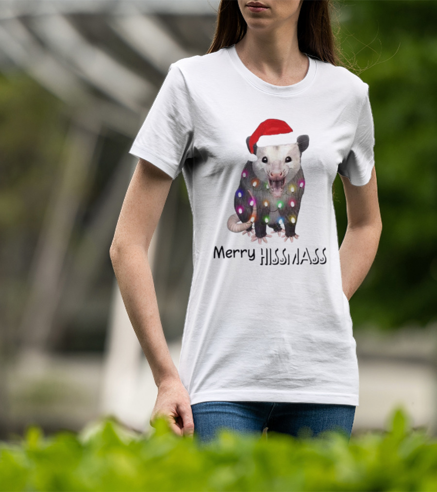 Merry Hissmas Opossum Santa Hat Christmas Lights T-Shirt