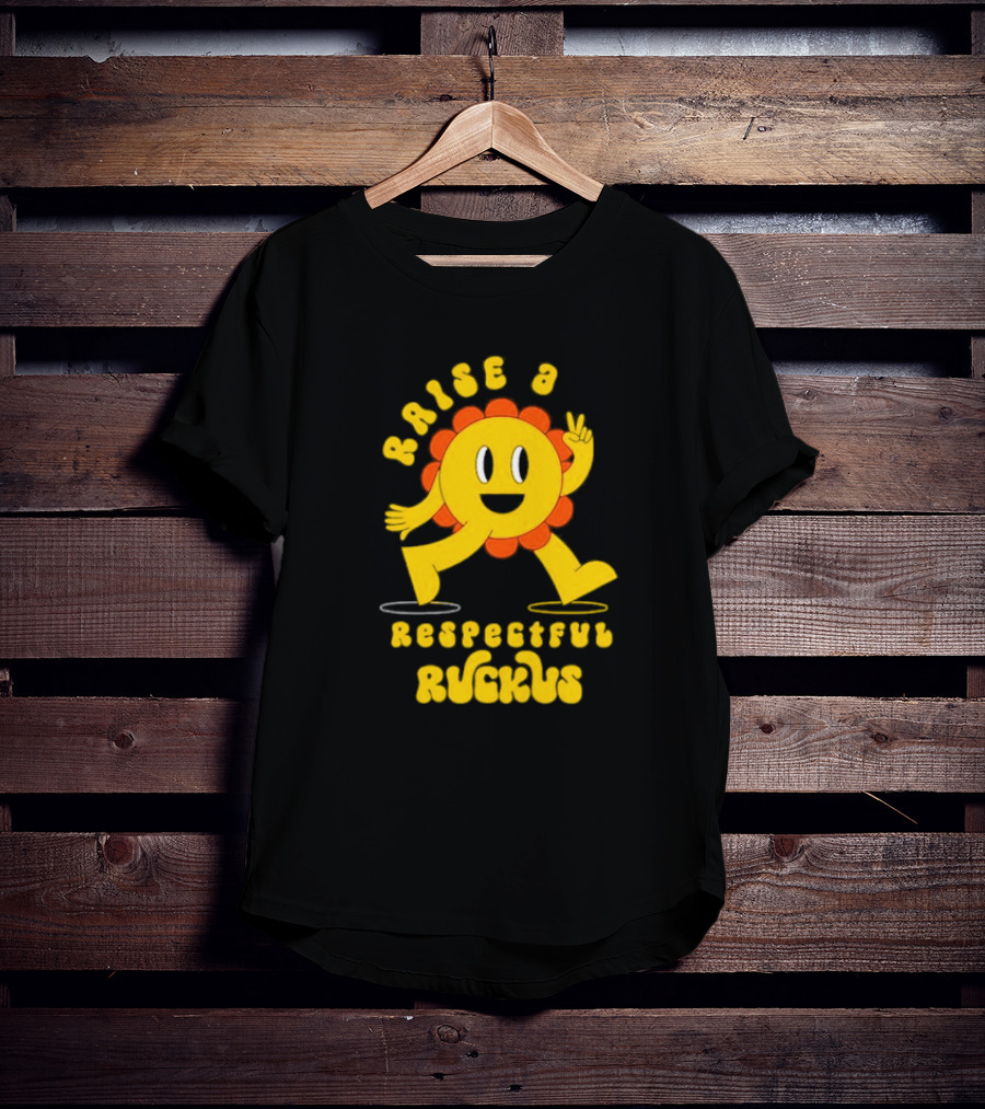 RAISE A RESPECTFUL RUCKUS CHARACTER WALKING WITH PEACE SIGN YELLOW AND ORANGE T-Shirt