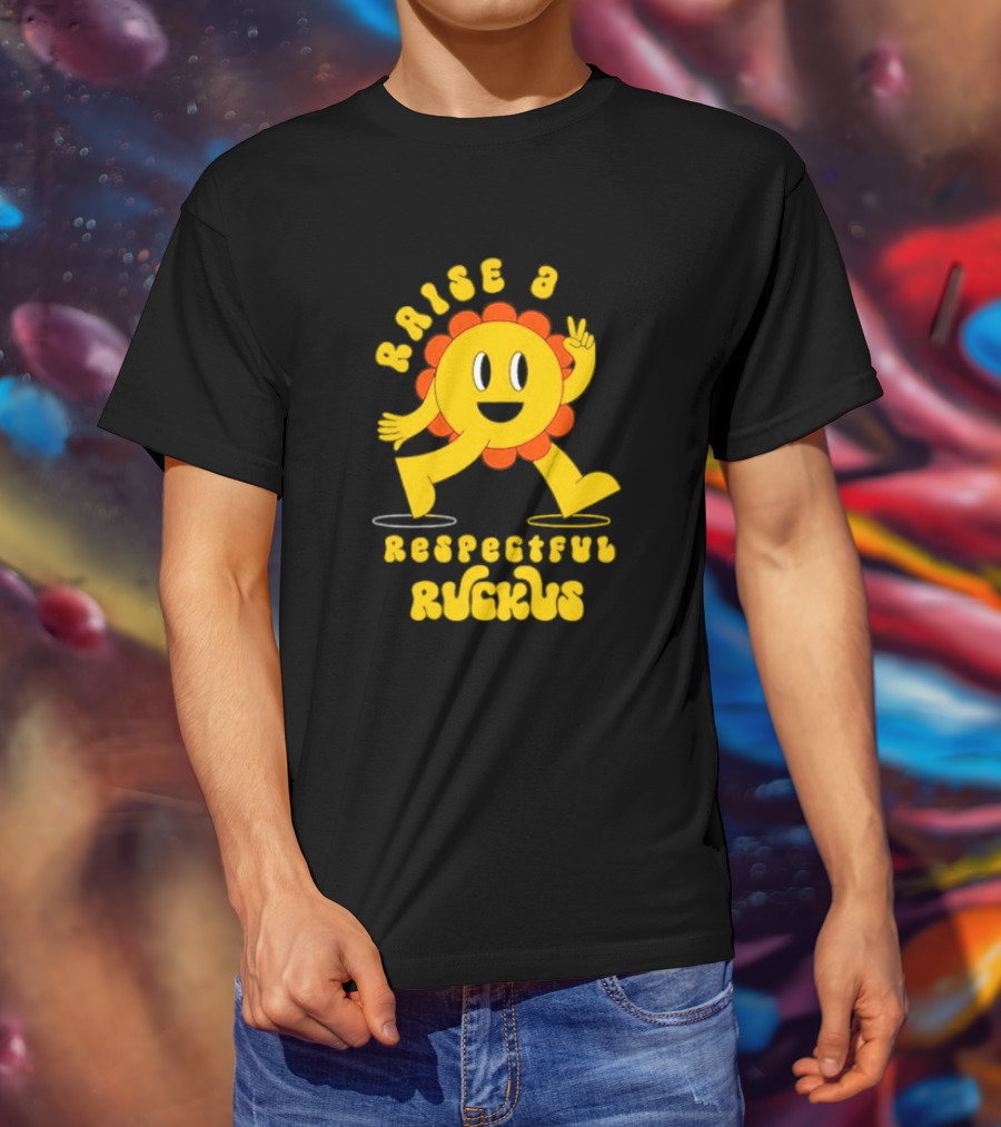 RAISE A RESPECTFUL RUCKUS CHARACTER WALKING WITH PEACE SIGN YELLOW AND ORANGE T-Shirt