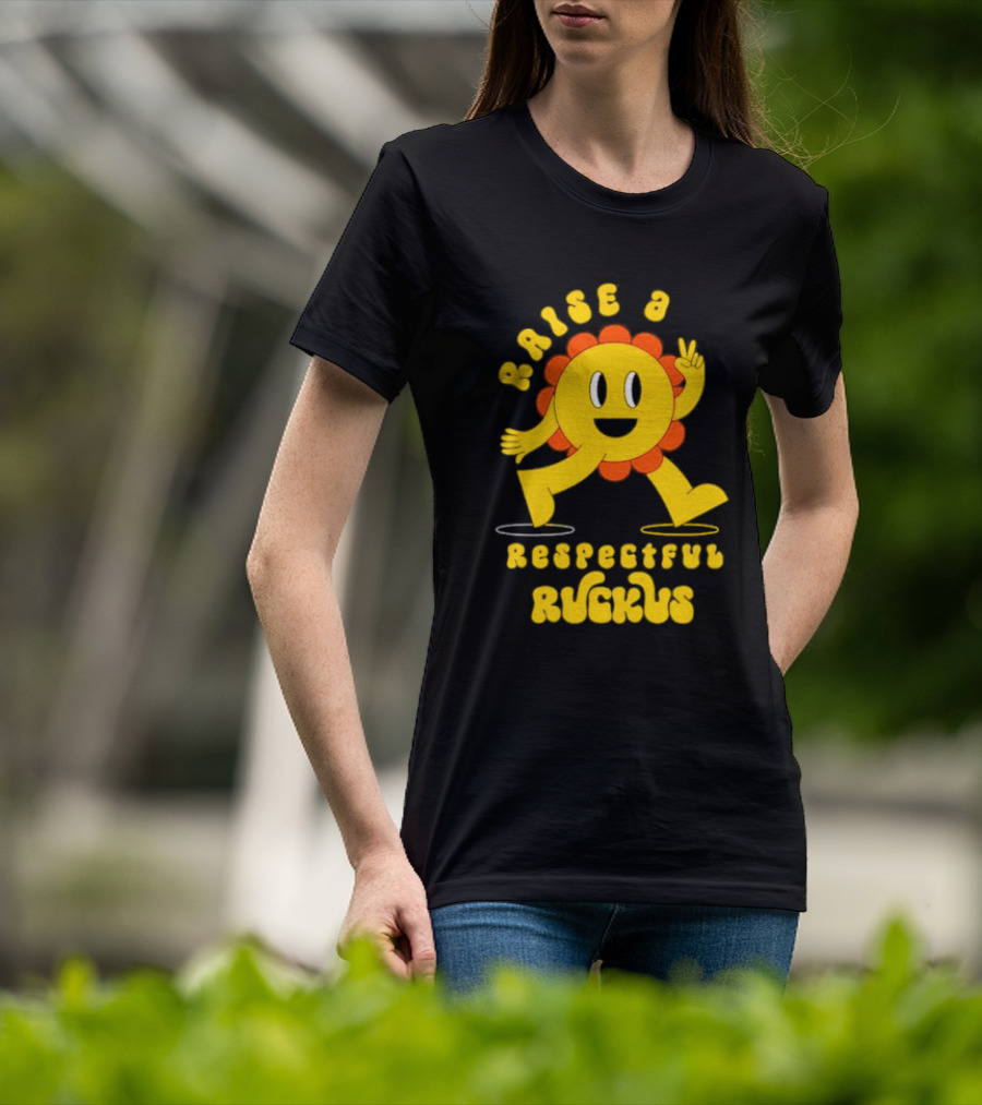 RAISE A RESPECTFUL RUCKUS CHARACTER WALKING WITH PEACE SIGN YELLOW AND ORANGE T-Shirt