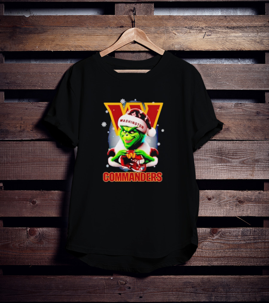 The Grinch Wearing Santa Hat Holding Gift For Washington Commanders Christmas T-Shirt