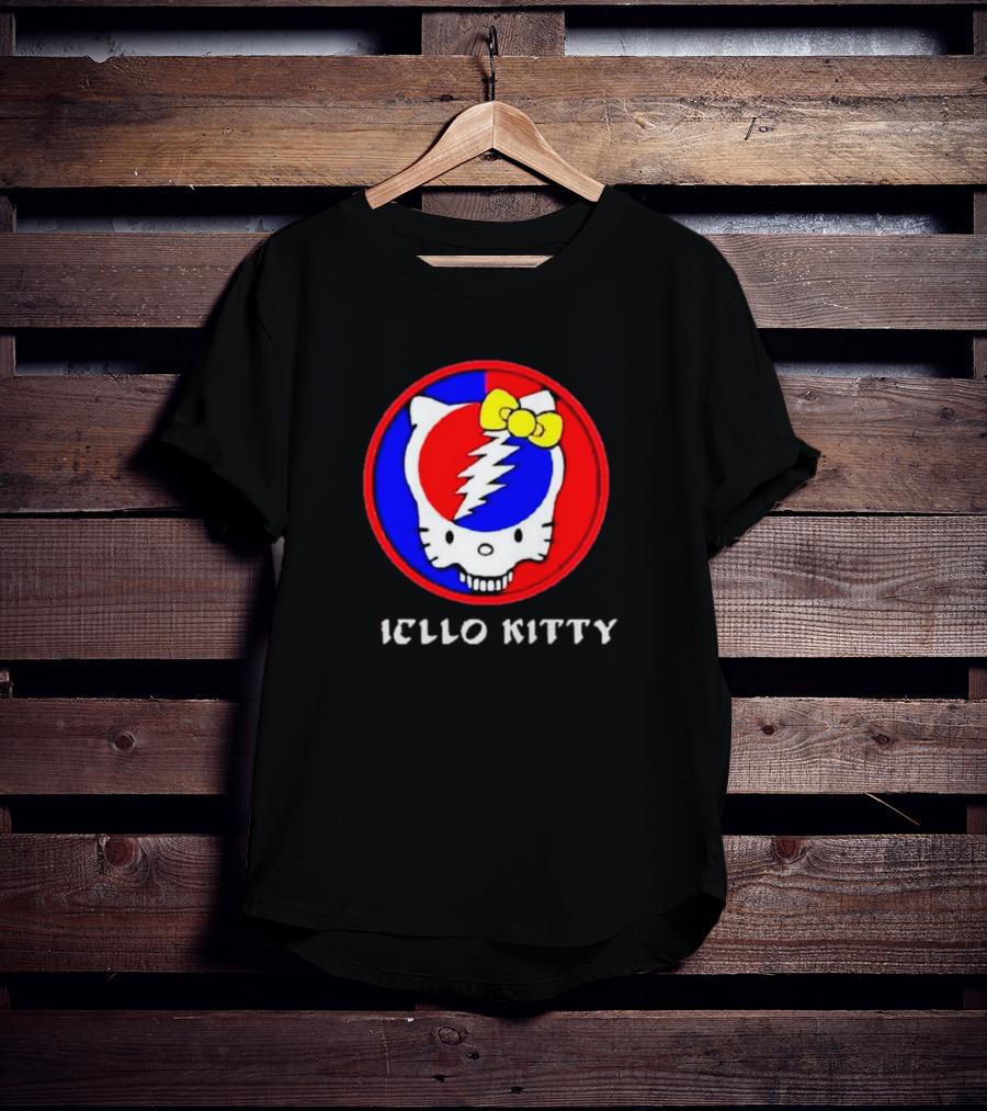Hello Kitty Grateful Dead Skull Icon With Lightning Bolt And Yellow Bow T-Shirt