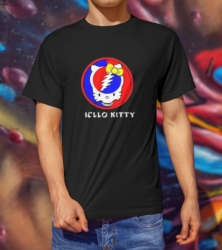 Hello Kitty Grateful Dead Skull Icon With Lightning Bolt And Yellow Bow T-Shirt