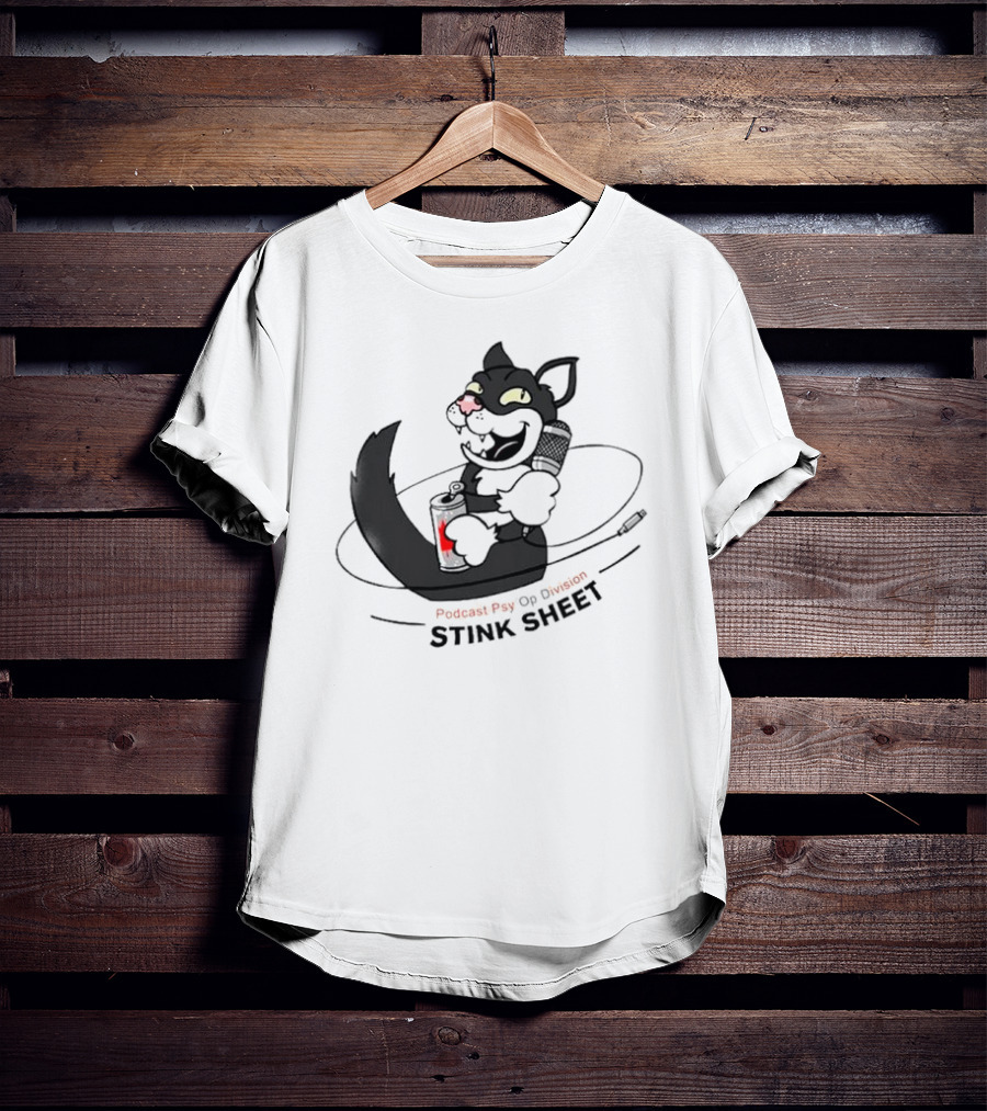 Podcast Psy Op Division Stink Sheet Mischievous Cartoon Cat With Microphone And Spray Can T-Shirt