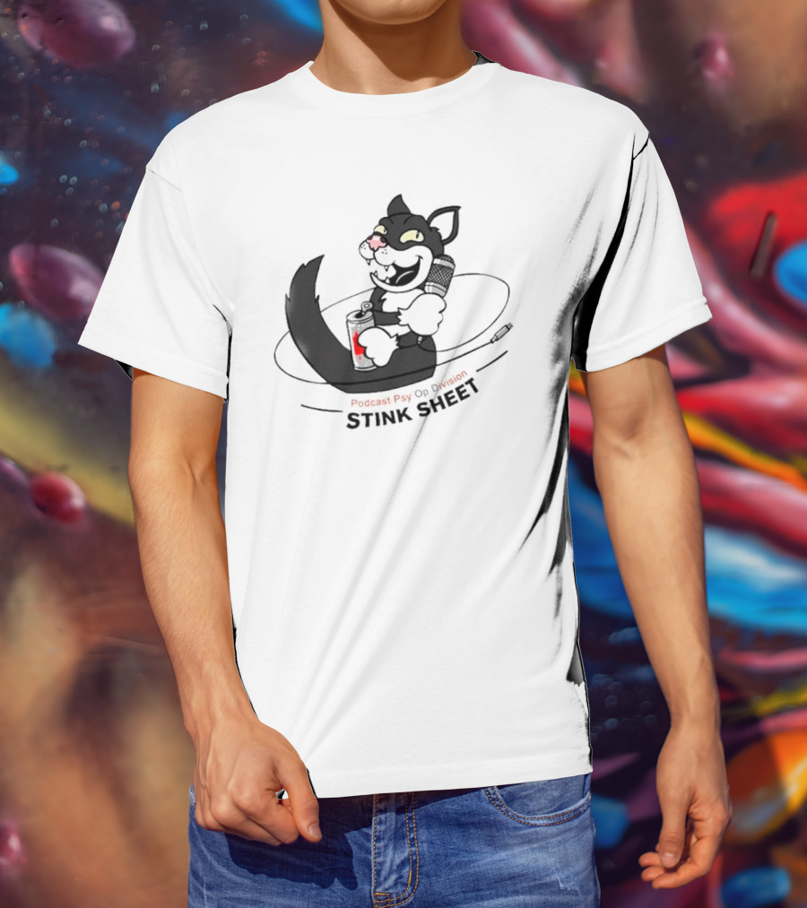 Podcast Psy Op Division Stink Sheet Mischievous Cartoon Cat With Microphone And Spray Can T-Shirt
