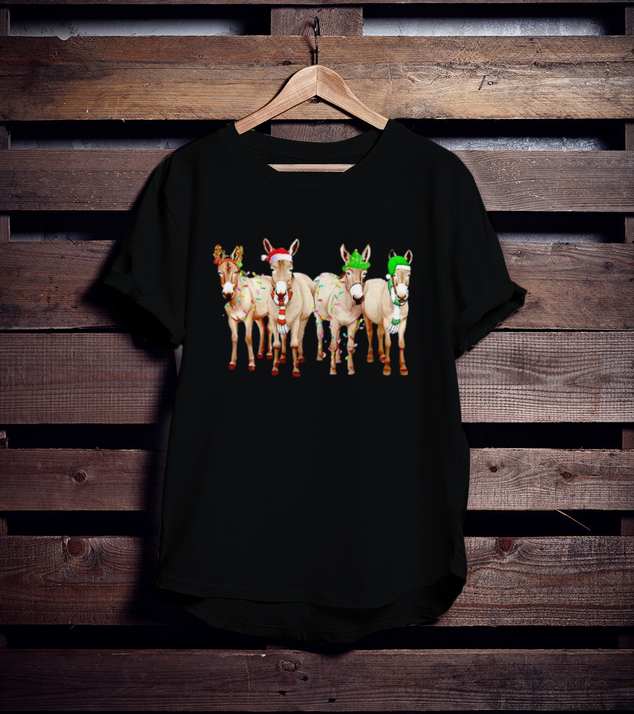 Merry Christmas Donkey Festive Holiday Lights With Reindeer Antlers And Santa Hats T-Shirt