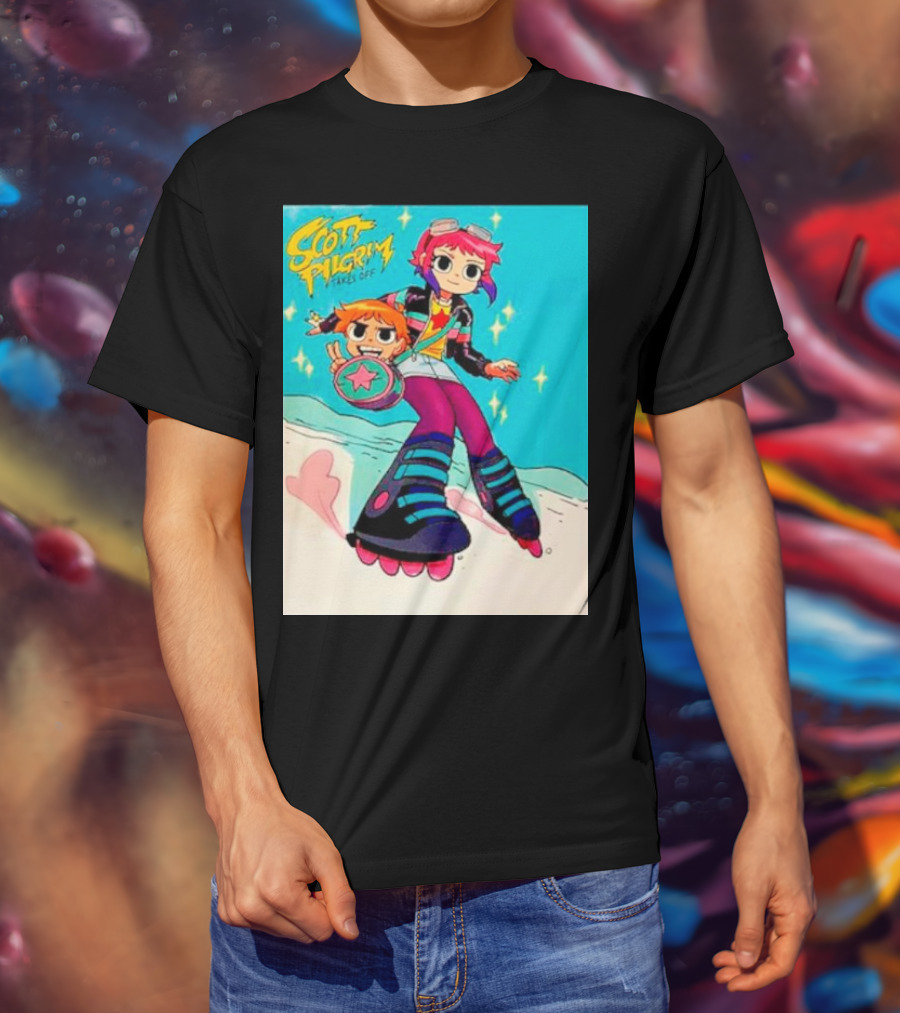 Scott Pilgrim Takes Off Roller Skating Adventure With Animated Style Characters T-Shirt