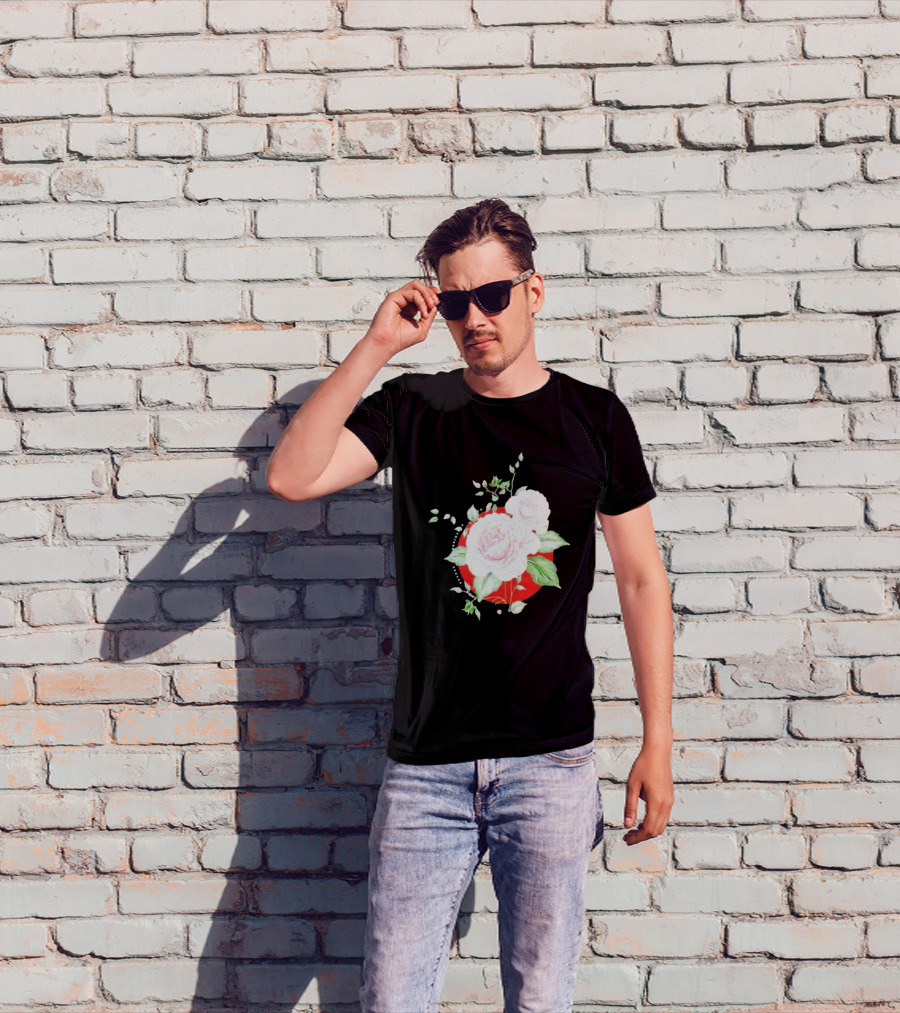 5Yr Kintsugi Rose Floral Design On Red Circle Background T-Shirt
