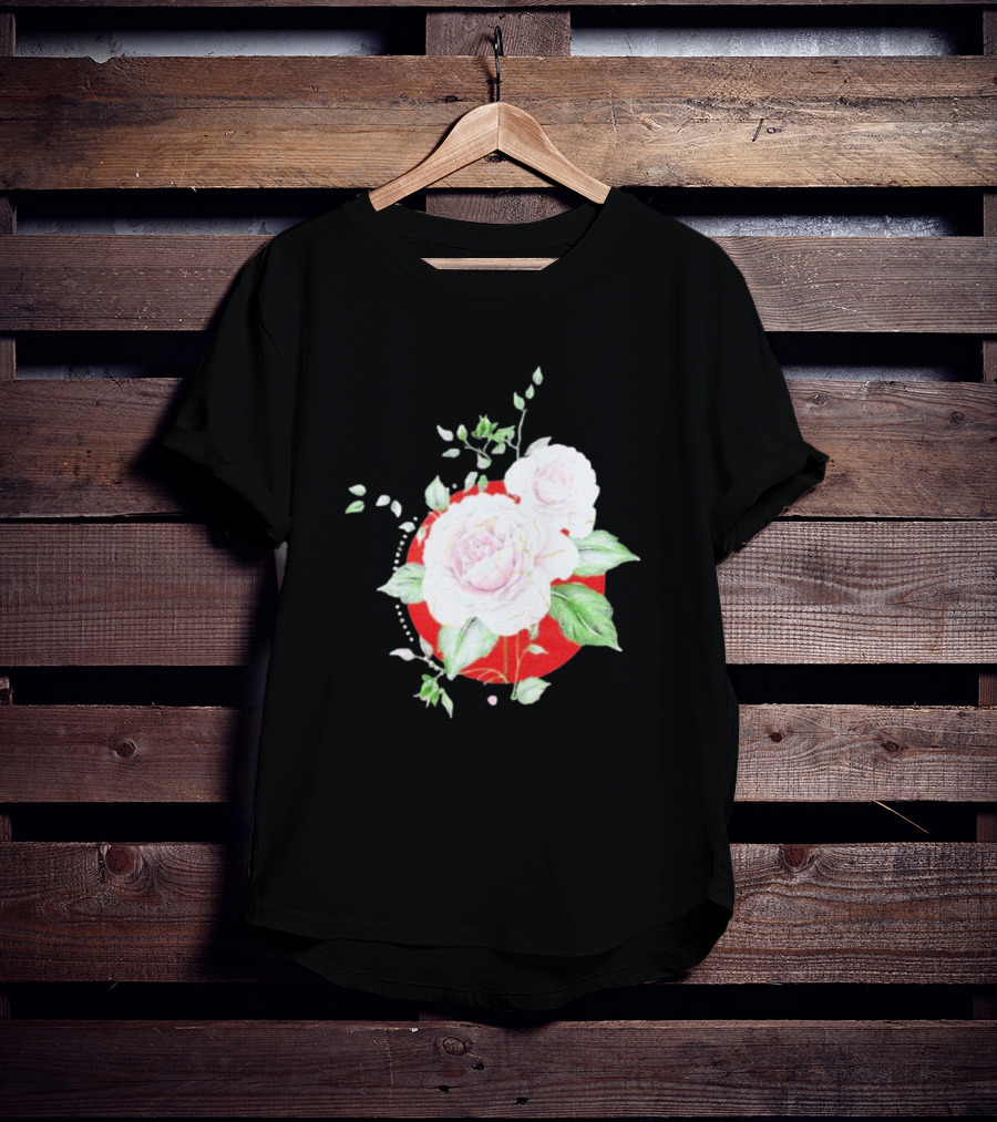 5Yr Kintsugi Rose Floral Design On Red Circle Background T-Shirt