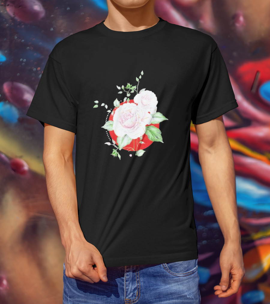 5Yr Kintsugi Rose Floral Design On Red Circle Background T-Shirt