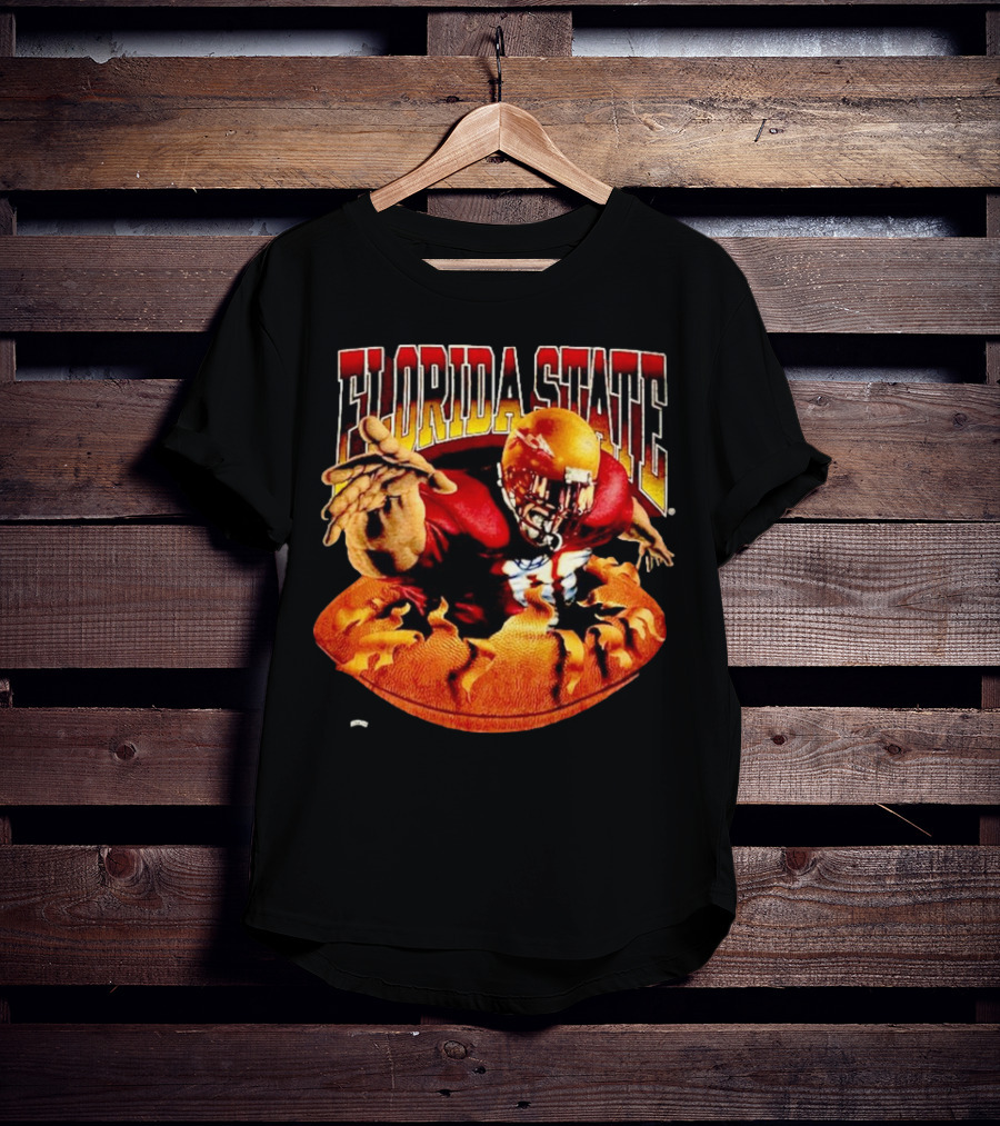 Florida State Seminoles FSU Football Player Emerging From Flames Two Sided Nutmeg T-Shirt