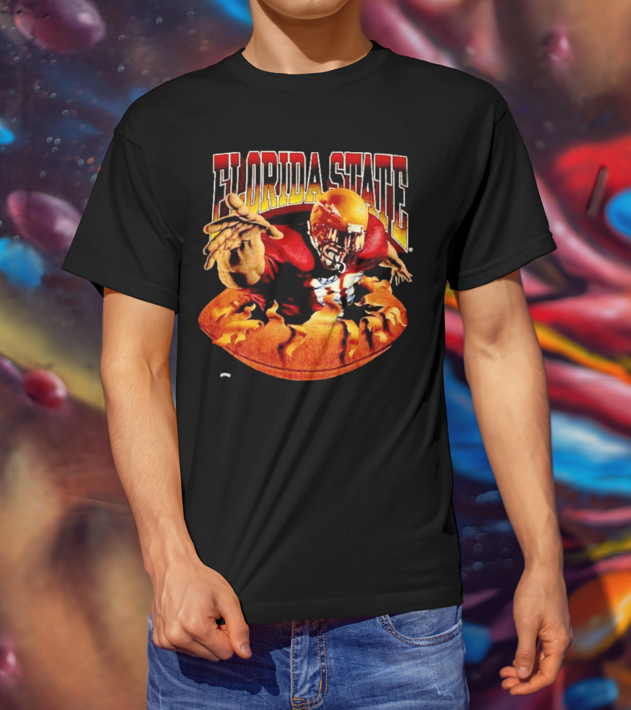 Florida State Seminoles FSU Football Player Emerging From Flames Two Sided Nutmeg T-Shirt