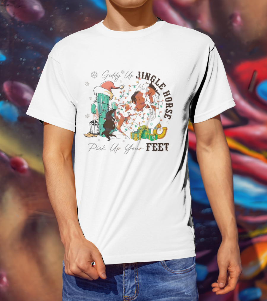 Giddy Up Jingle Horse Pick Up Your Feet Cactus With Santa Hat And Gifts T-Shirt