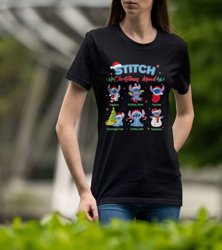 STITCH Christmas Mood Presents Holiday Decor Stocking Christmas Tree Candy Cane Snowman T-Shirt