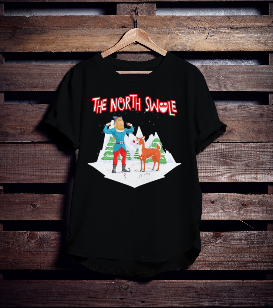 Papa Swolio Elf With Reindeer In The North Swole Winter Scene T-Shirt