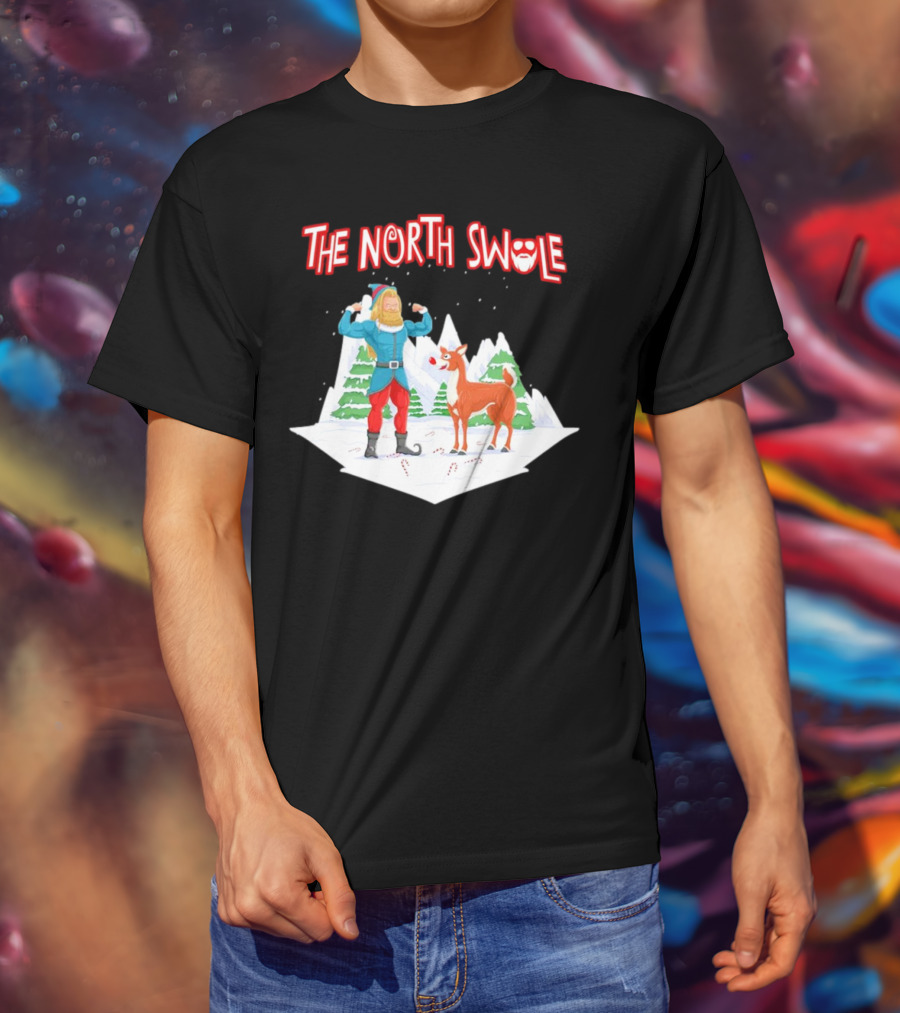 Papa Swolio Elf With Reindeer In The North Swole Winter Scene T-Shirt