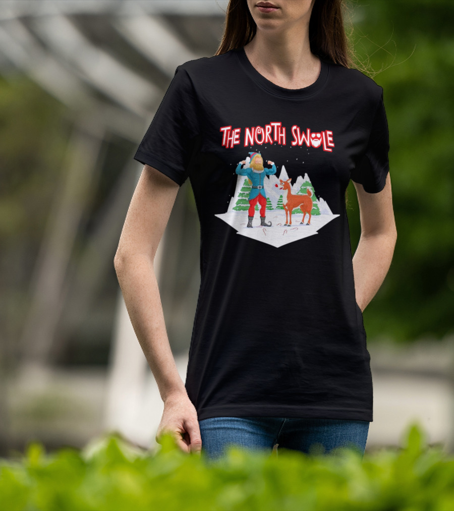 Papa Swolio Elf With Reindeer In The North Swole Winter Scene T-Shirt