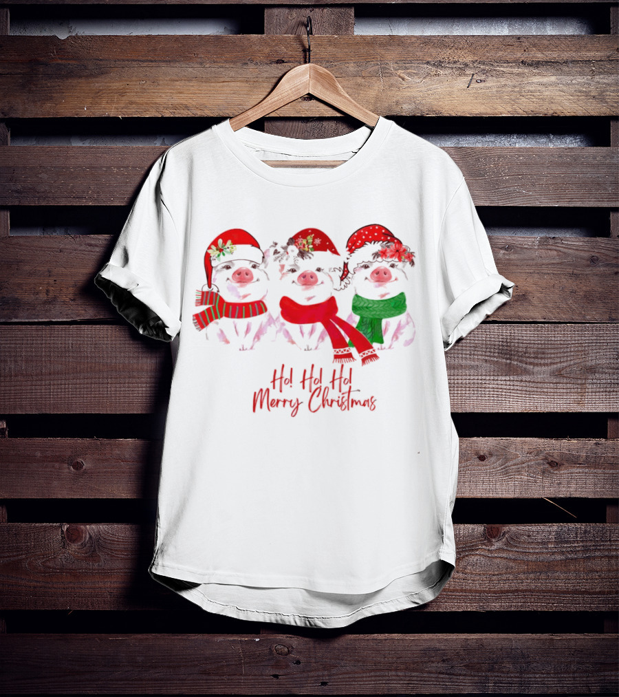 Ho Ho Ho Merry Christmas Pig Trio Santa Hat T-Shirt