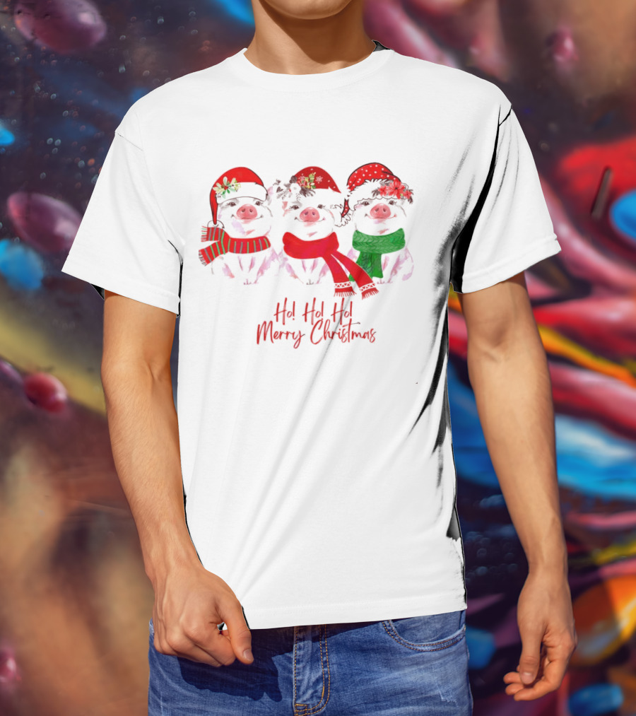 Ho Ho Ho Merry Christmas Pig Trio Santa Hat T-Shirt