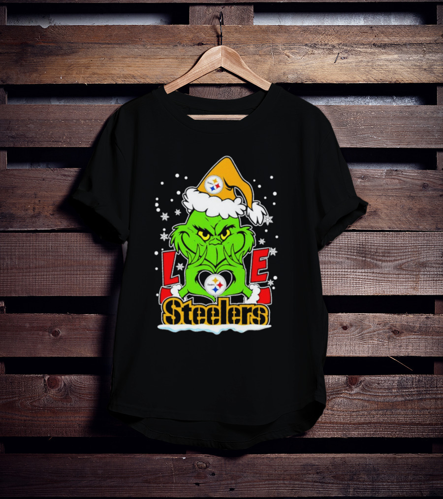 The Grinch Santa Hat Love Pittsburgh Steelers Logo Snowflakes T-Shirt