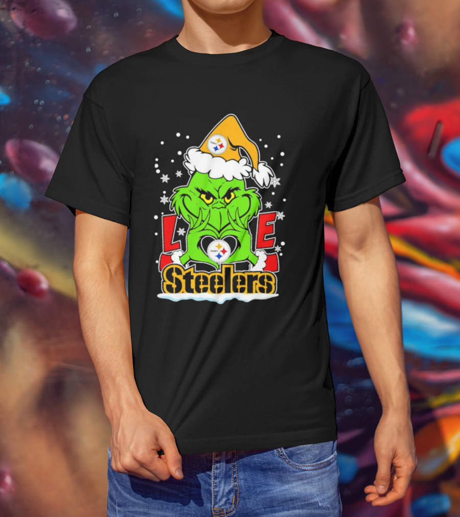 The Grinch Santa Hat Love Pittsburgh Steelers Logo Snowflakes T-Shirt