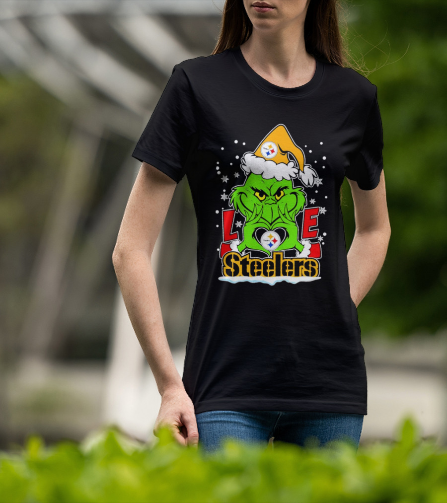 The Grinch Santa Hat Love Pittsburgh Steelers Logo Snowflakes T-Shirt