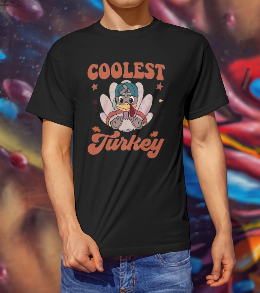 Coolest Turkey At The Table Vintage Cartoon Style With Cap And Stars Decor T-Shirt