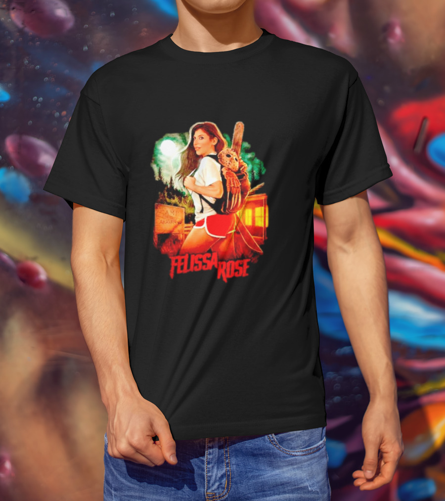 Felissa Rose Happy Camper Camp Arawak Masked Figure Forest Scene T-Shirt