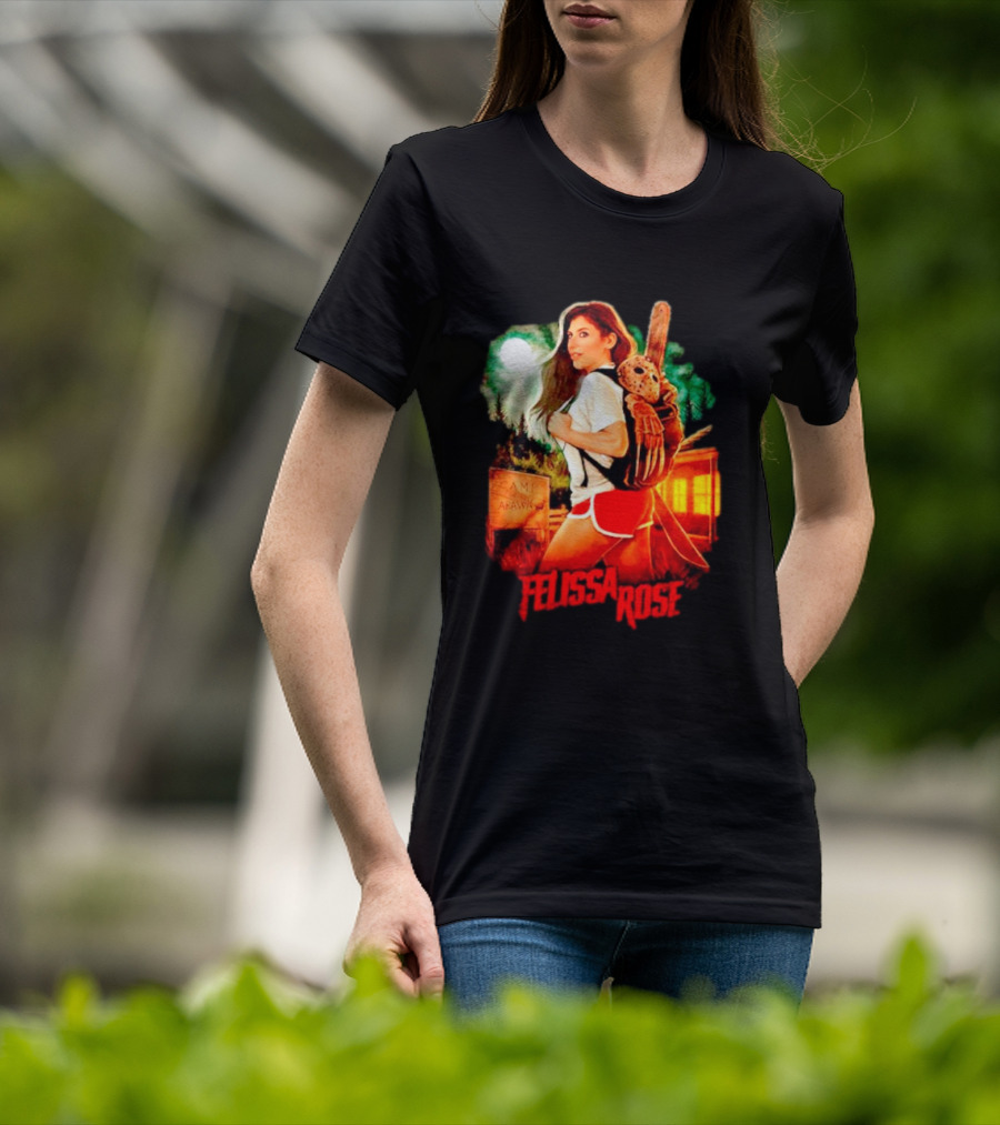 Felissa Rose Happy Camper Camp Arawak Masked Figure Forest Scene T-Shirt