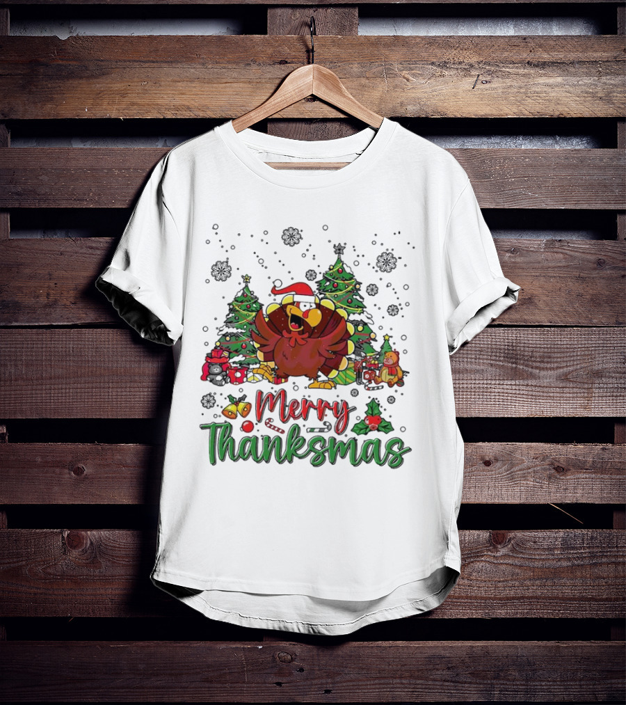 Merry Thanksmas Funny Turkey Santa Hat Christmas Trees T-Shirt