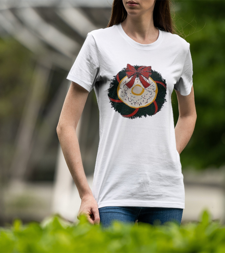 Gibson's Donuts Christmas Holiday Wreath With Red Bow And Donut Sprinkles T-Shirt