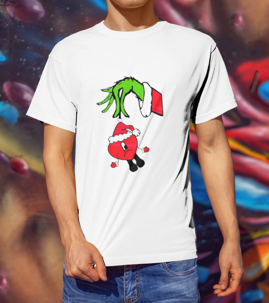 Grinch Hand Bad Bunny Santa Hat Christmas T-Shirt
