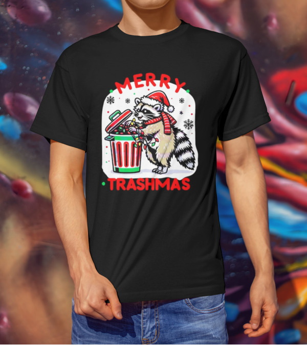 Merry Trashmas Raccoon Santa With Christmas Lights T-Shirt