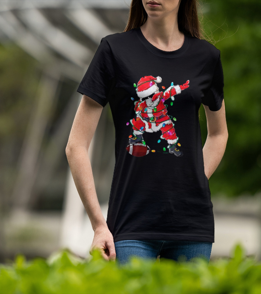 Santa Dabbing With Christmas Lights And Football T-Shirt