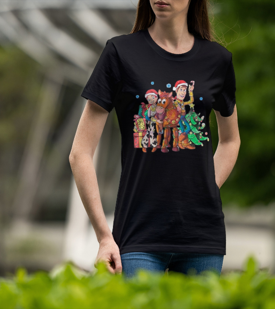 Toy Story Christmas Jessie Woody Bullseye Santa Hats Presents Christmas Tree T-Shirt