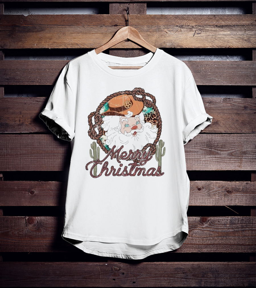 Merry Christmas Western Santa Cactus Rope Cowboy Hat T-Shirt