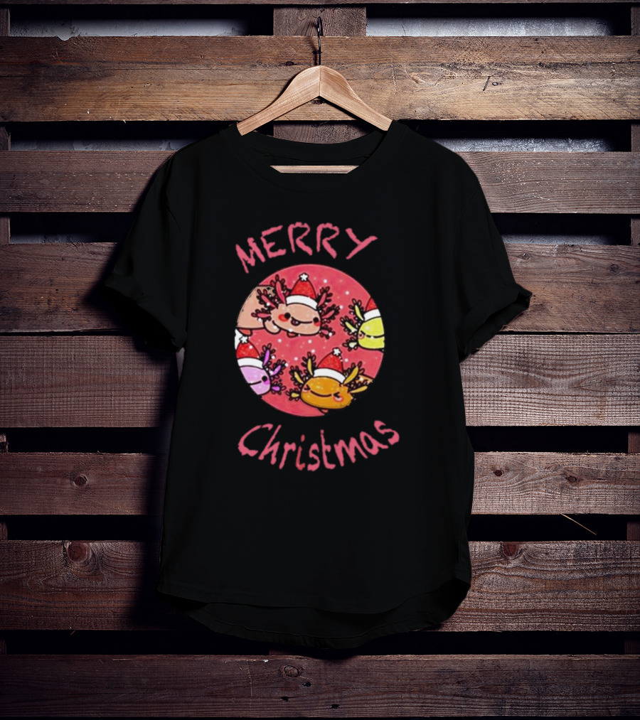 Merry Christmas Axolotl With Santa Hat T-Shirt