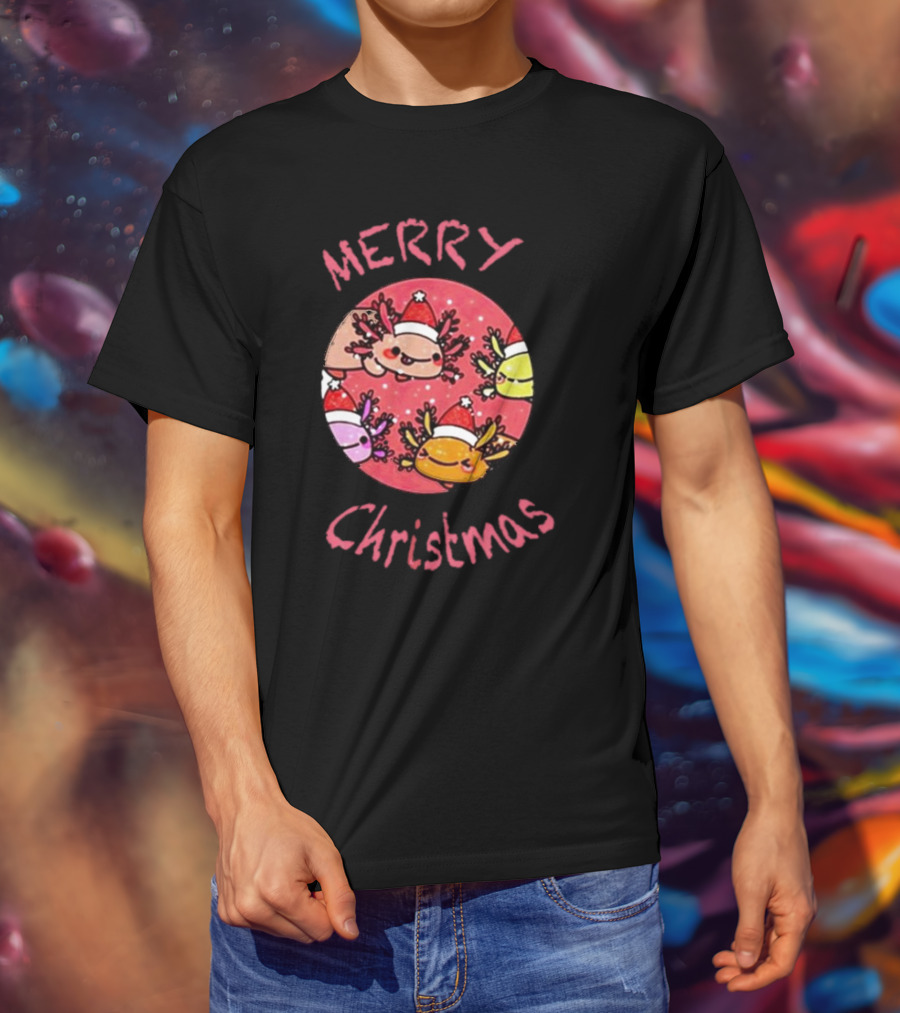 Merry Christmas Axolotl With Santa Hat T-Shirt