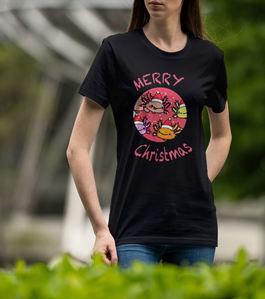 Merry Christmas Axolotl With Santa Hat T-Shirt