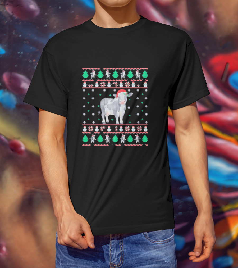 Cow Santa Hat Ugly Christmas T-Shirt
