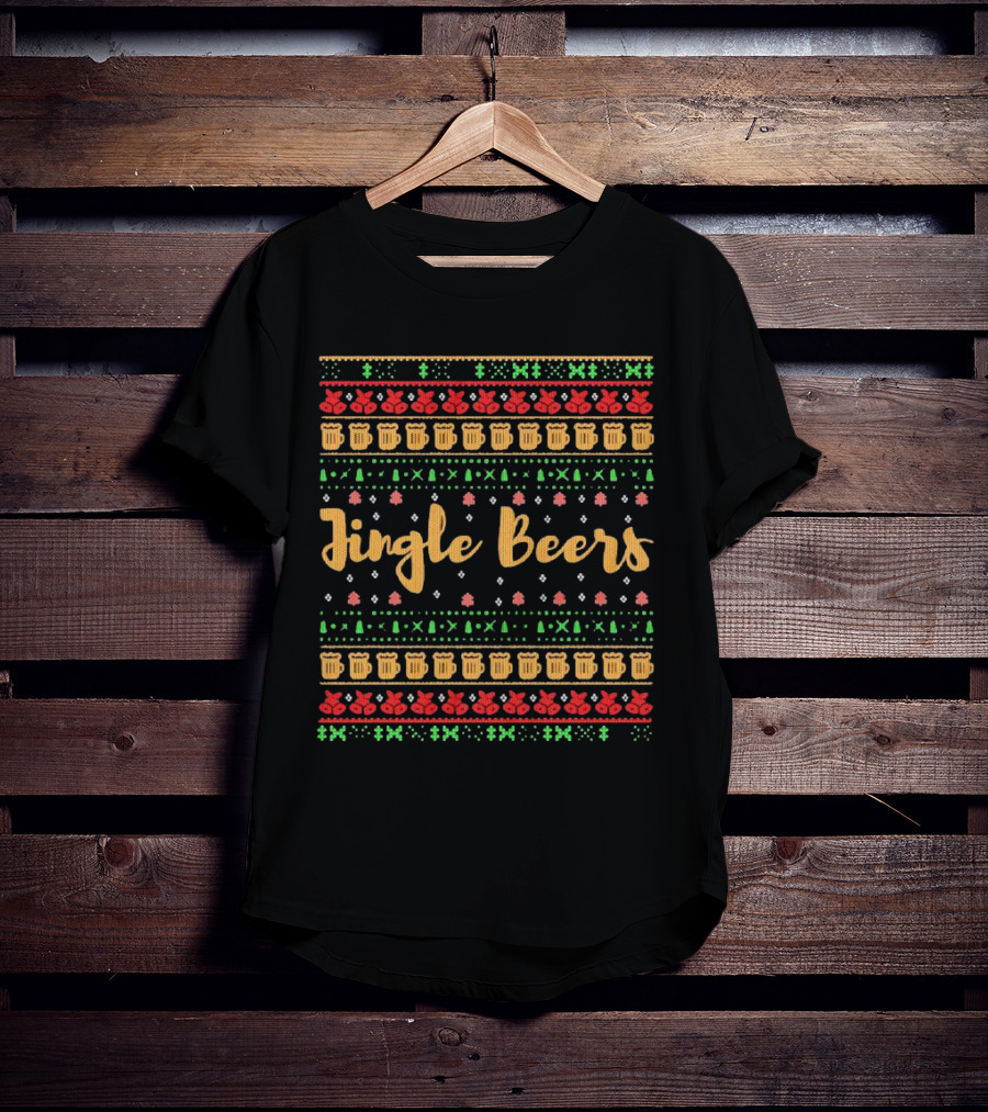 Jingle Beers Christmas Sweater Pattern With Beer Mugs And Holiday Decorations T-Shirt