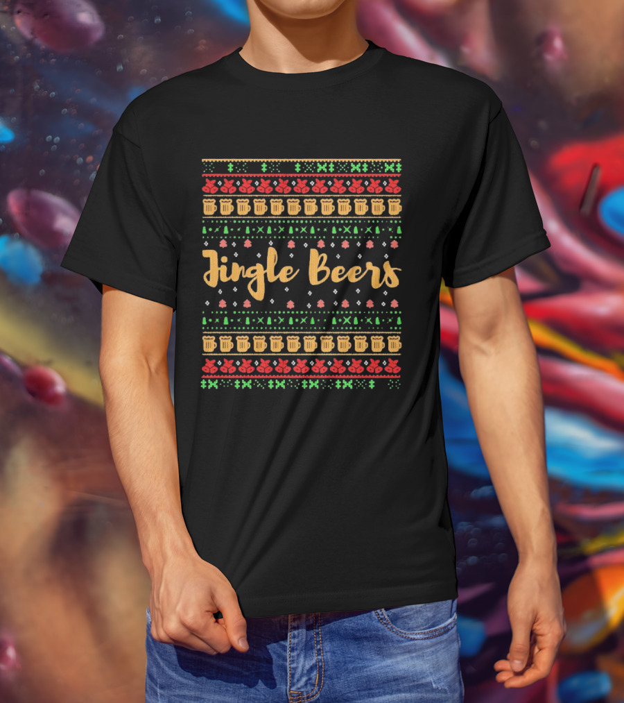 Jingle Beers Christmas Sweater Pattern With Beer Mugs And Holiday Decorations T-Shirt